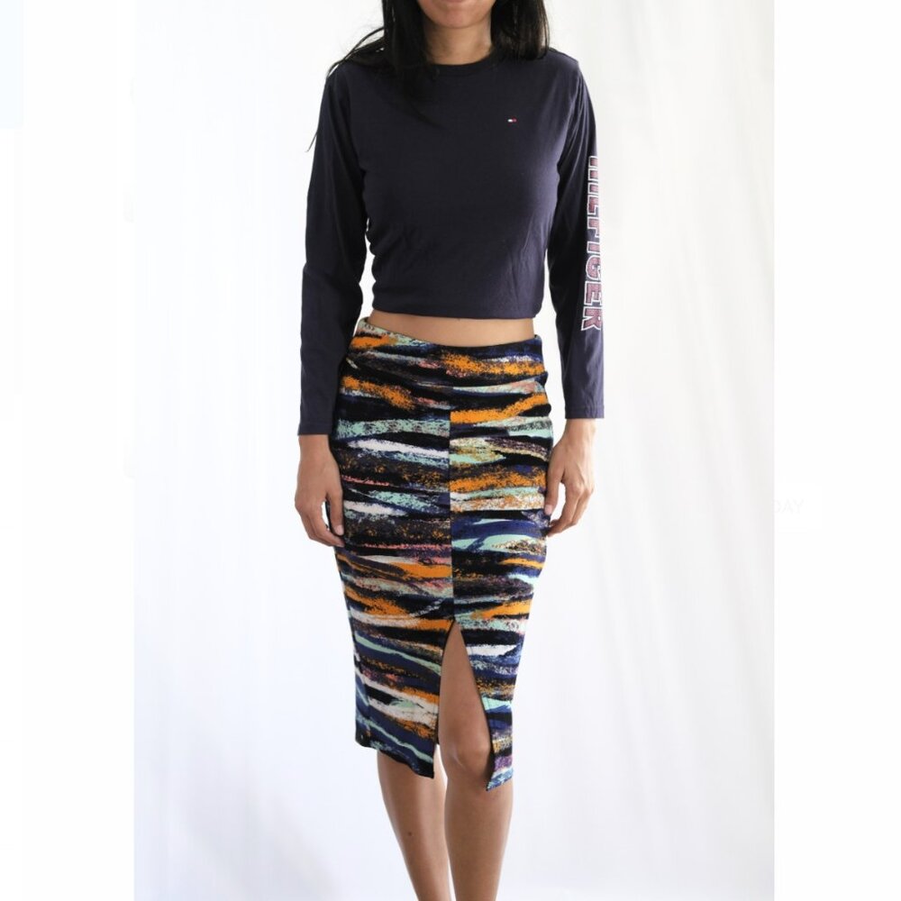 Material Girl Womens Straight Pencil Skirt Size M Midi multicolor Stretch Slit
